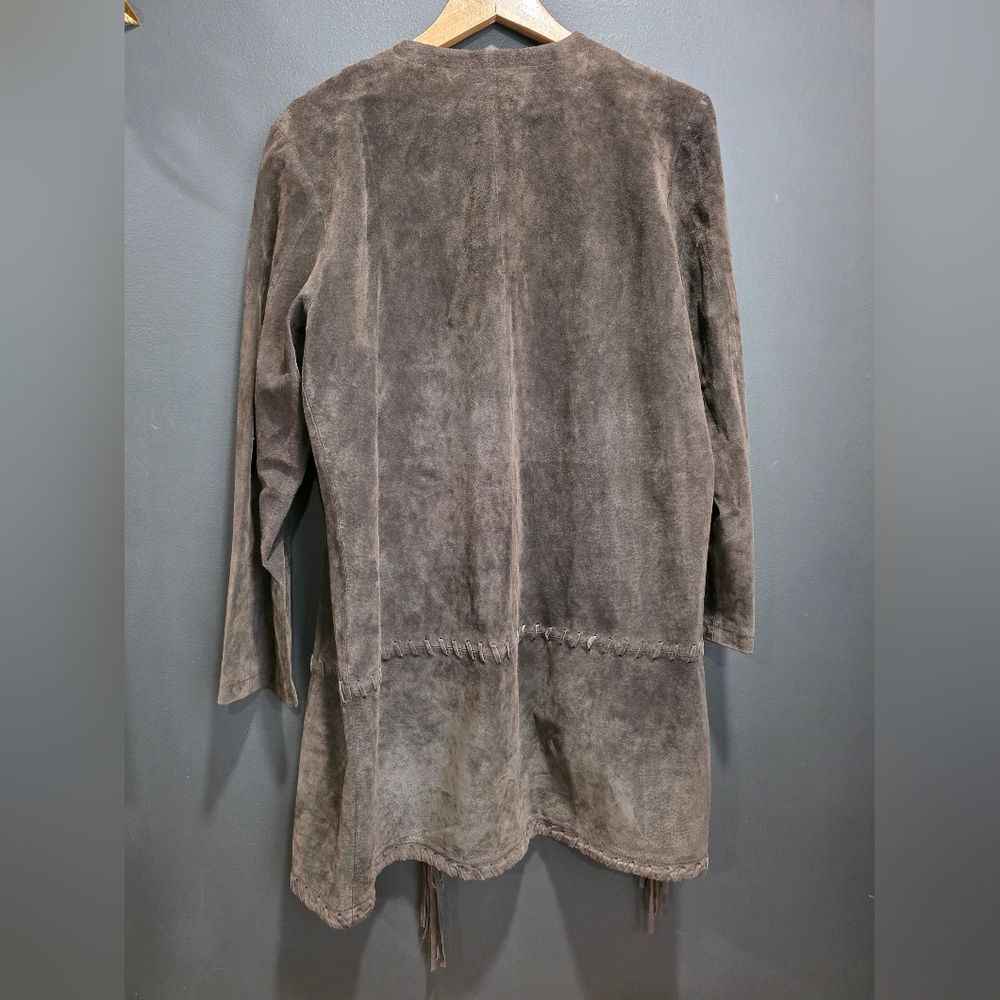 CHICOS DESIGN SUEDE Leather FRINGE Brown Single Hook Closure Jacket SIZE 1 US M - Picture 7 of 13